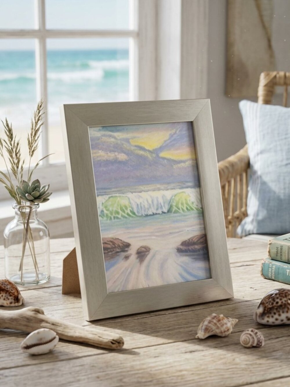 Art Print 5x7 Signed "Lavendar Shores"Beach Sea Nautical Framed Wood Gold Paint
